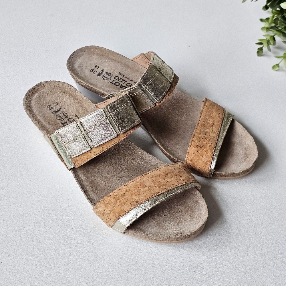 NAOT Royalty Cork Banded Wedge Slide Sandals Gold EU 39 US 8 Comfort - Picture 3 of 14